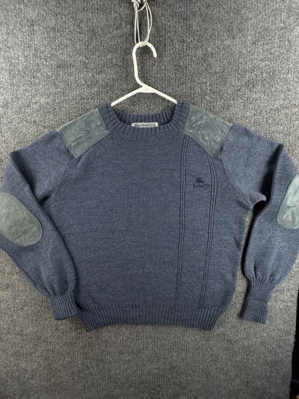 VTG Burberry Elbow Patches Blue Small Pullover United Kingdom Logo Wool Sweater
